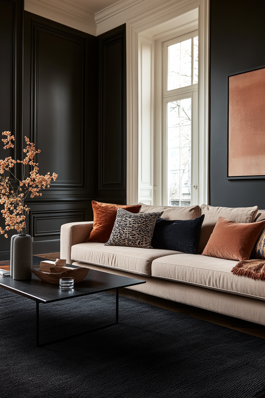 Soft black rug layered with textiles in a small living room
