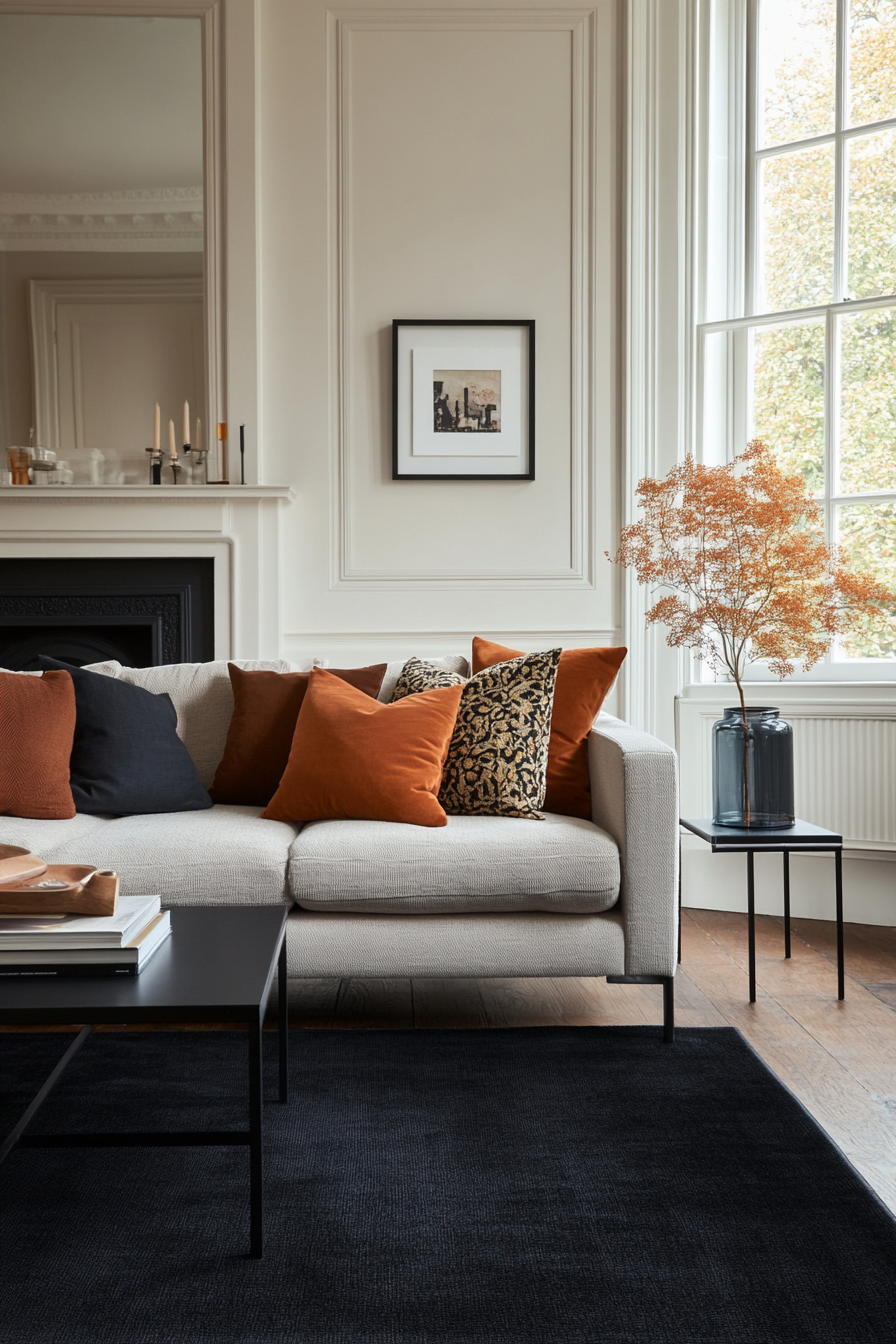 Layered rugs and textiles over a black rug in a small moody living room