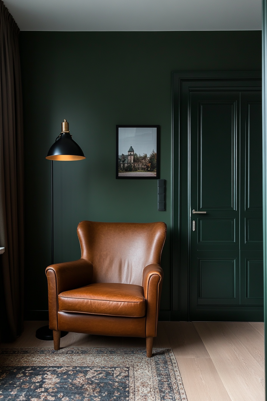 Matte forest green walls with a leather chair in a small living room