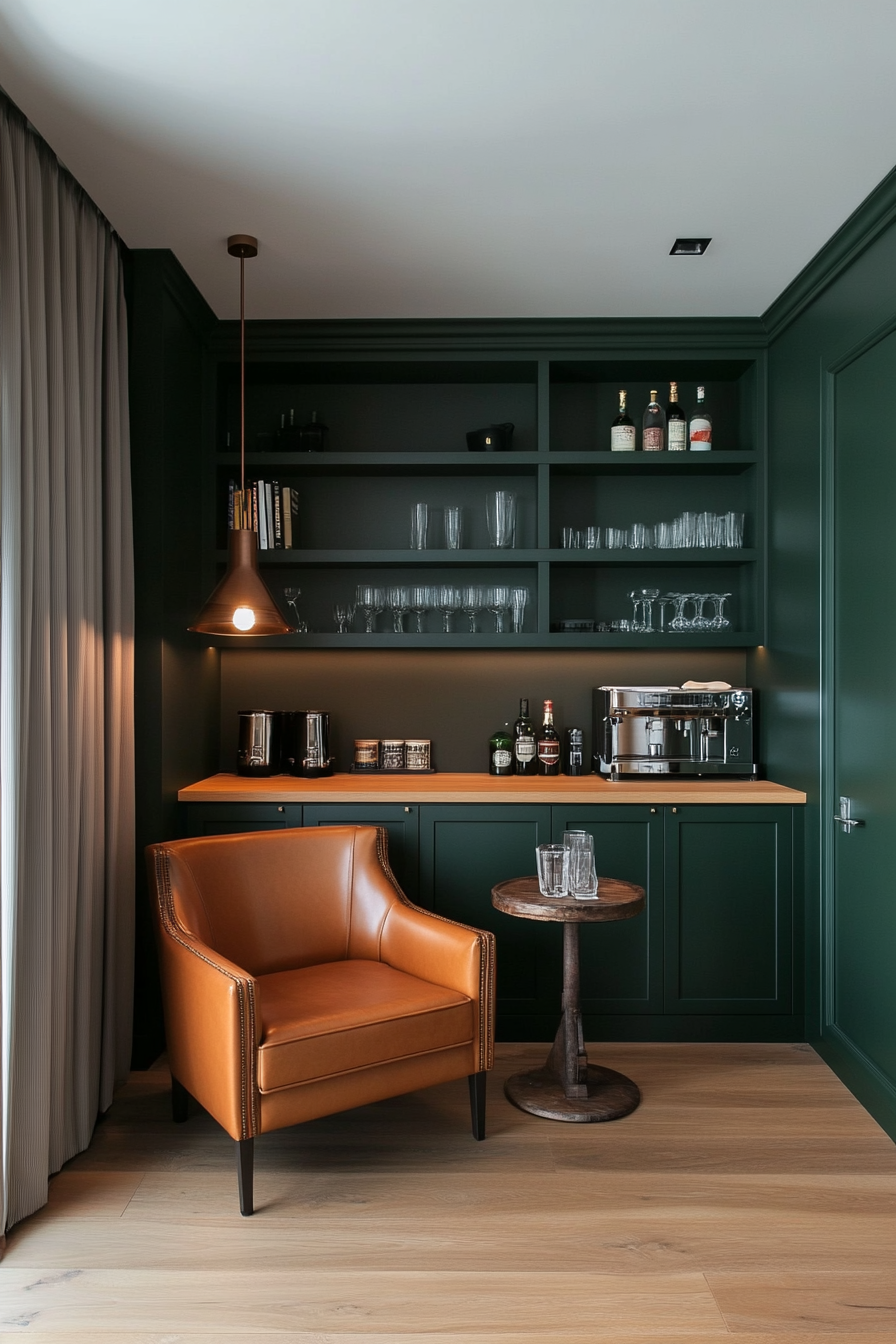 Close-up of matte forest green walls with a cozy leather chair