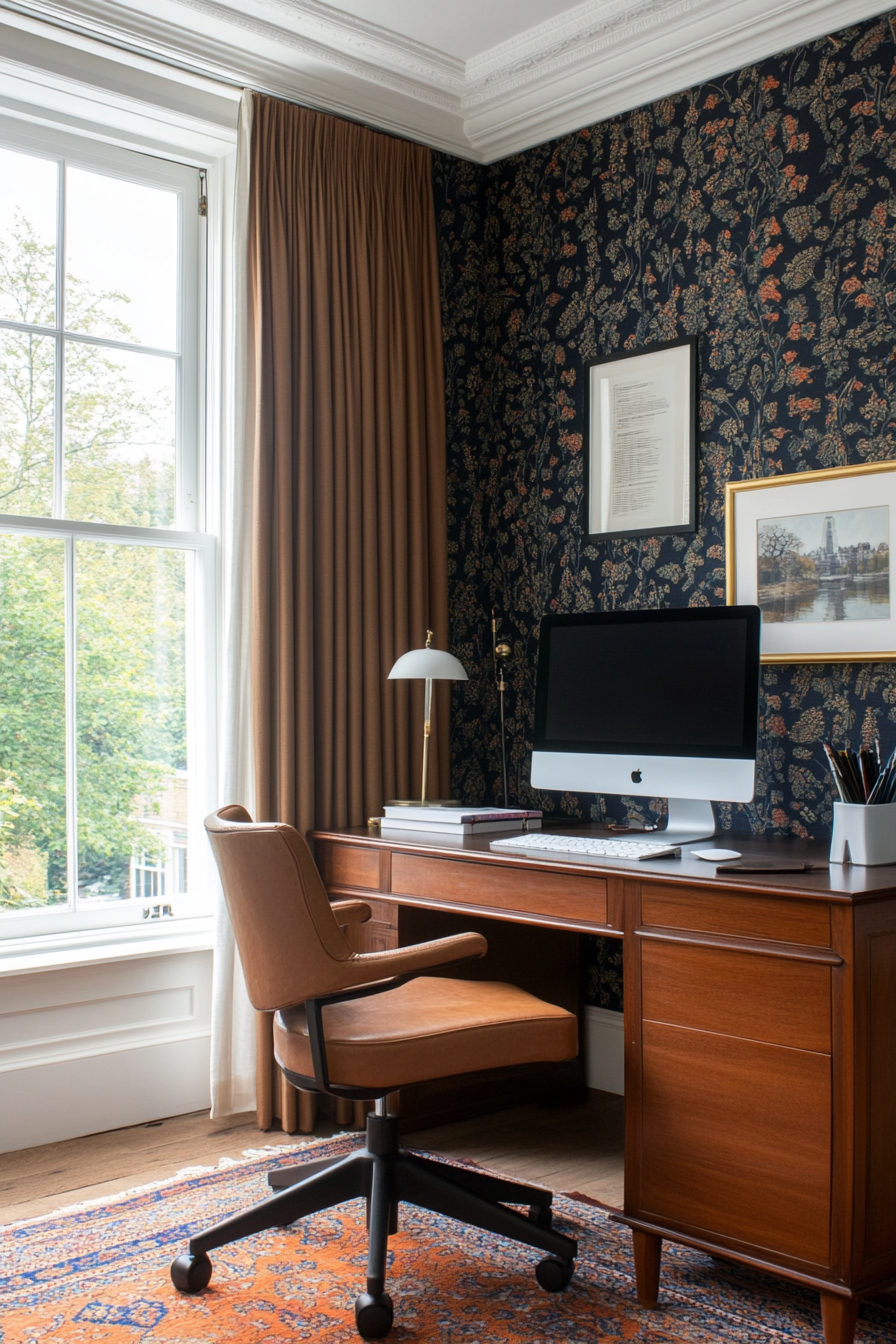 Moody floral wallpaper with minimal desk