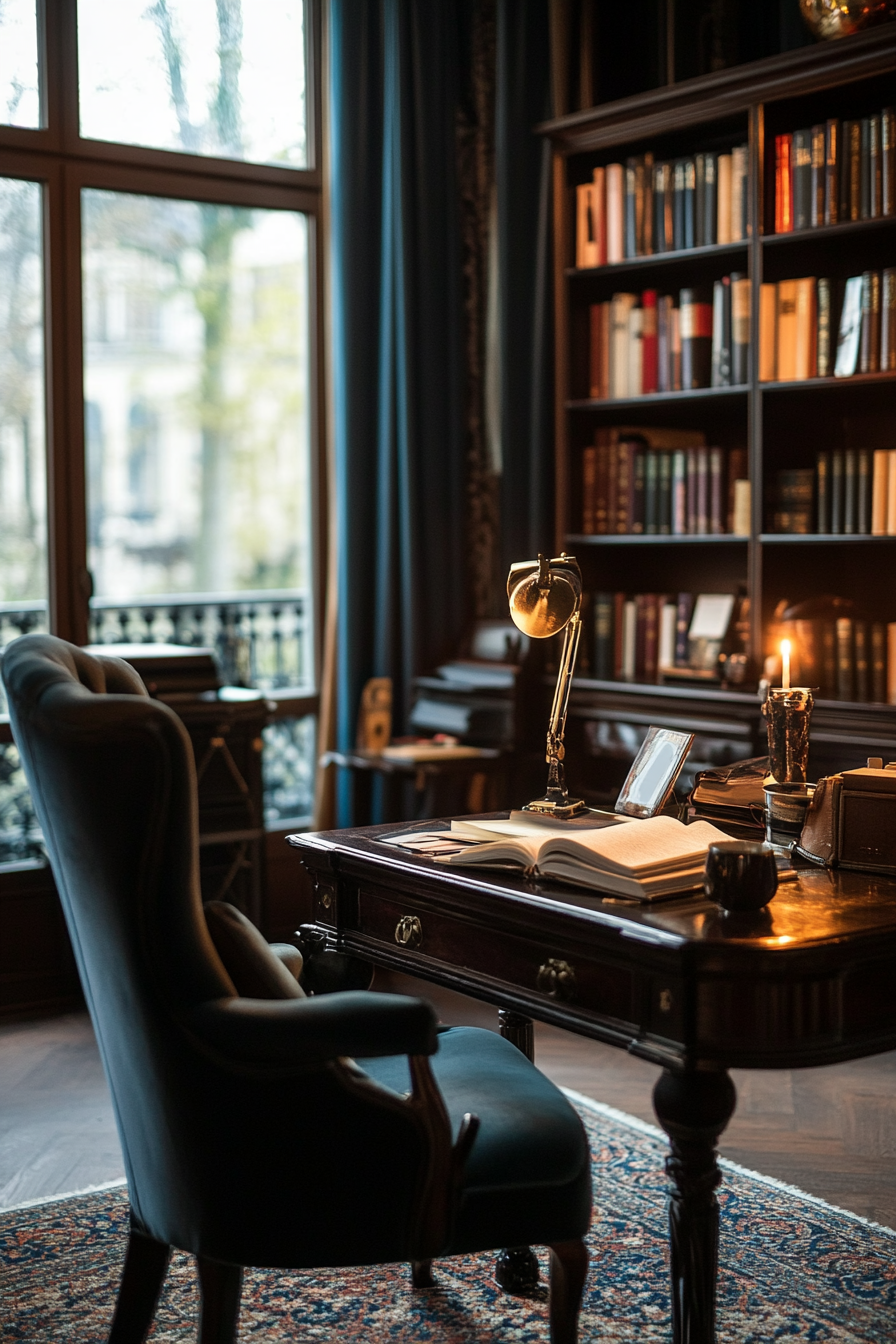 Candle-lit gothic-inspired workspace