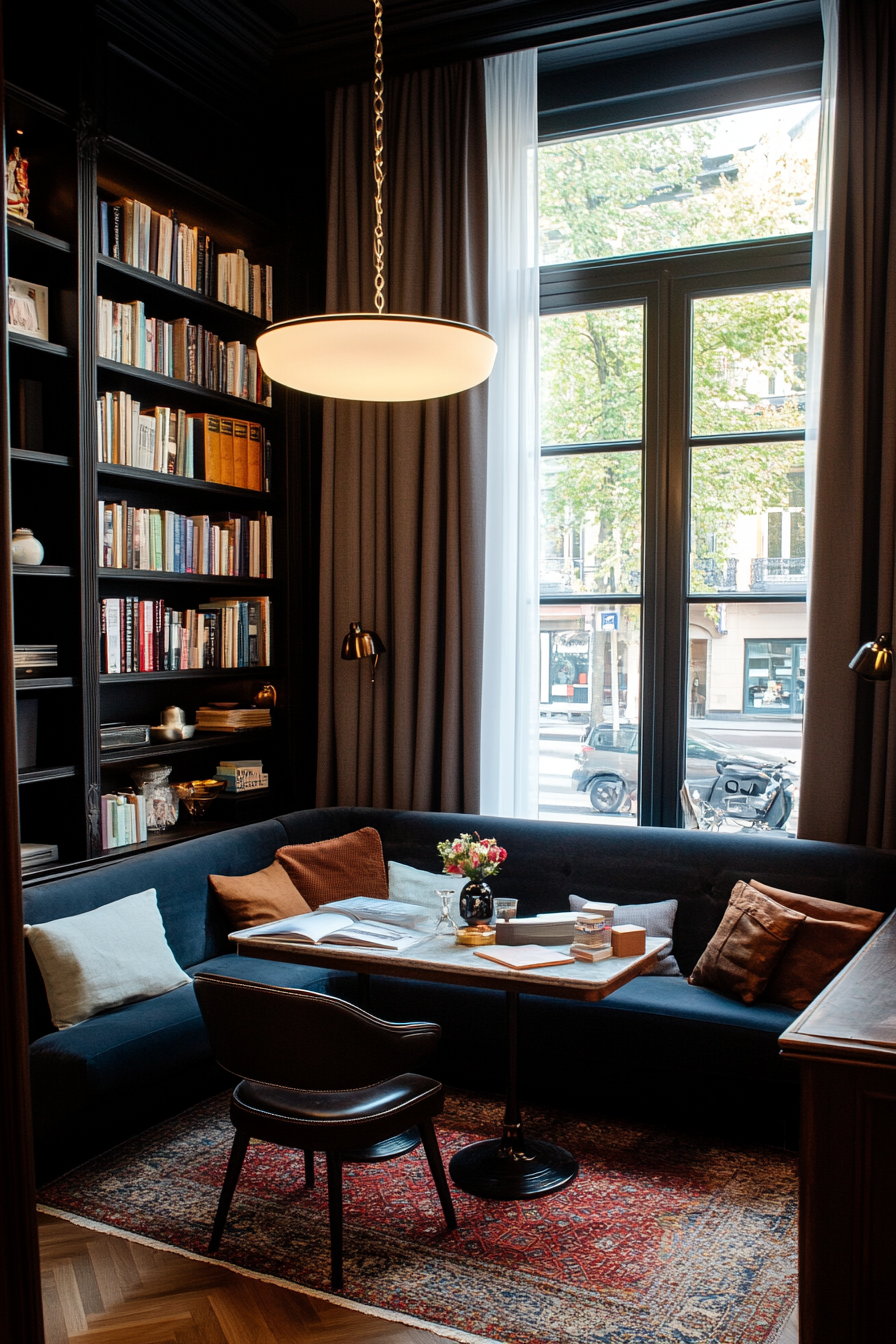 Dark corner lounge with plush armchair