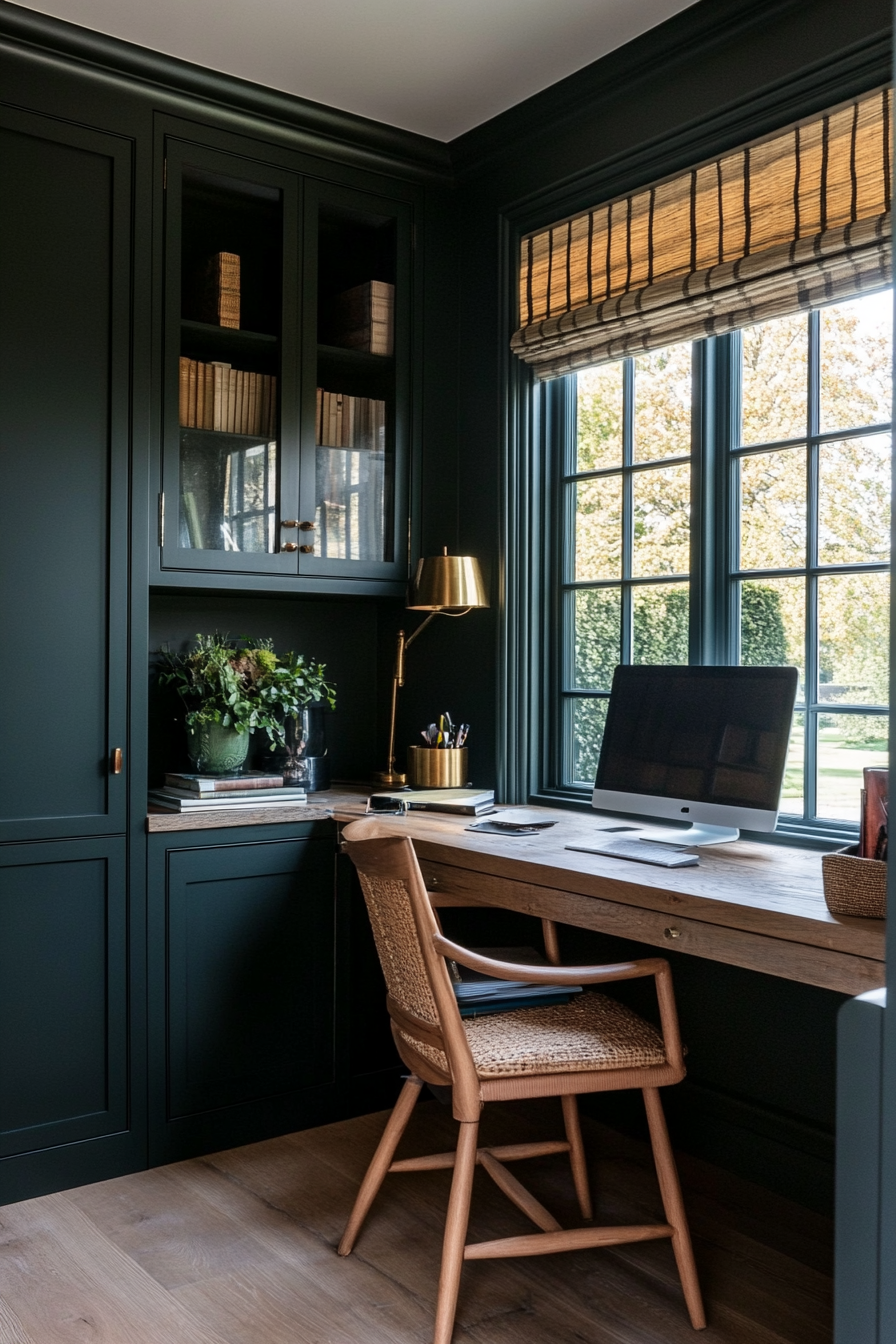 Deep brown walls with compact desk setup