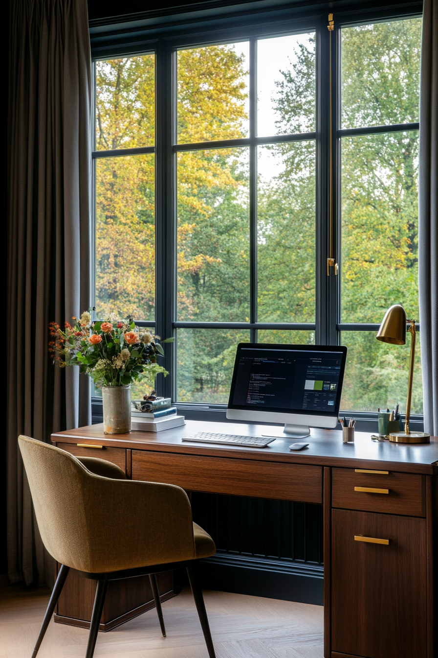 Dark wood desk with brass-accented lamp