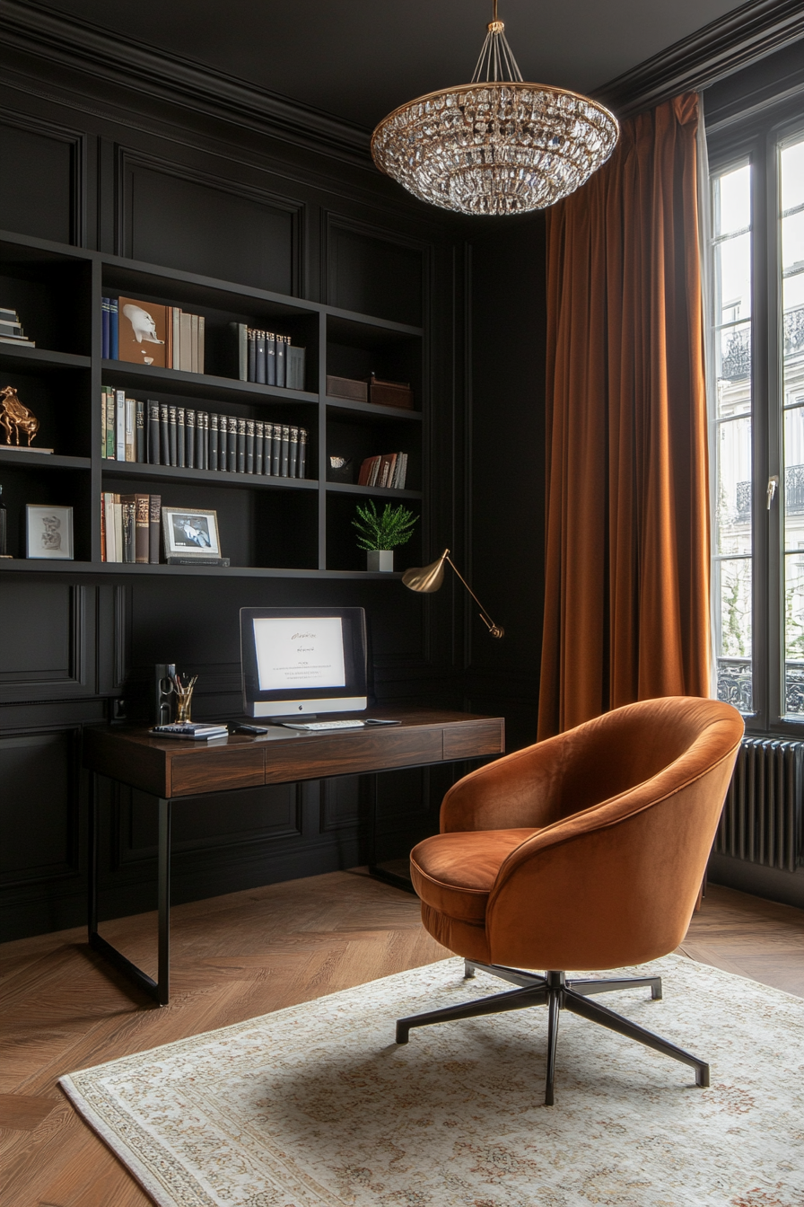 Black walls and velvet armchair