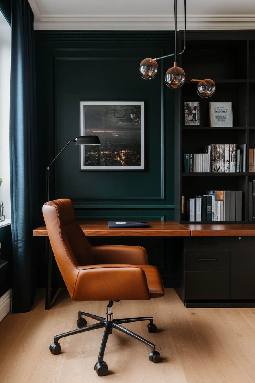 Jewel-toned walls with leather chair