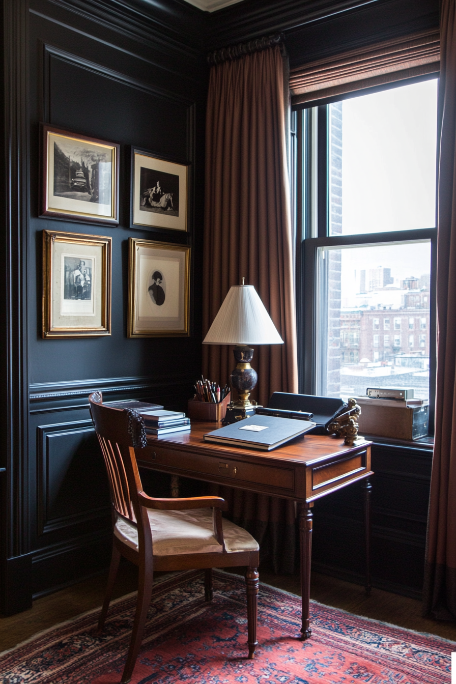 Antique writing desk tucked into a shadowy nook