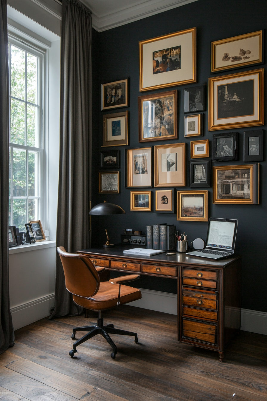 Charcoal wall with gold-framed artwork