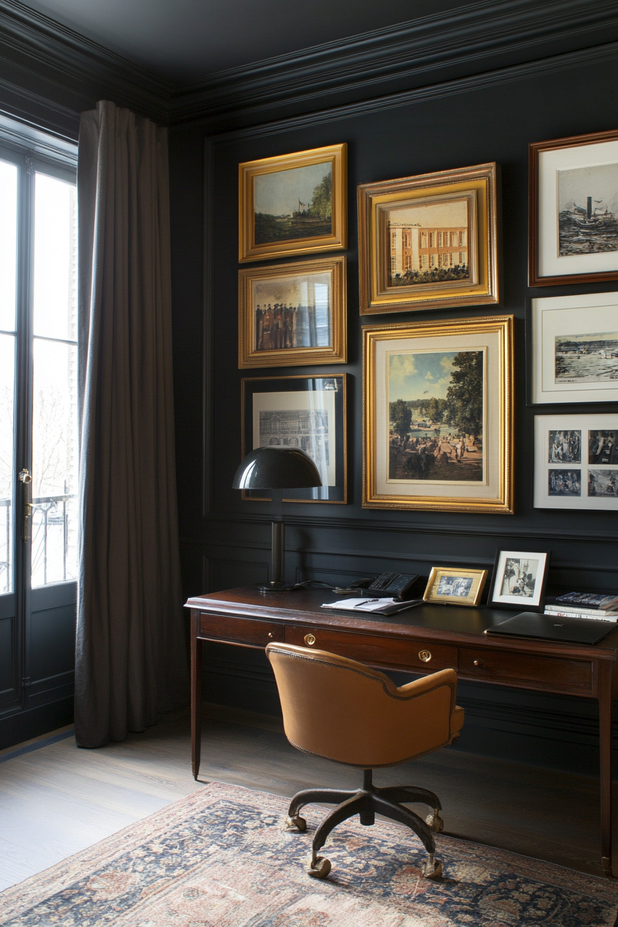 Moody grey walls with gold accents