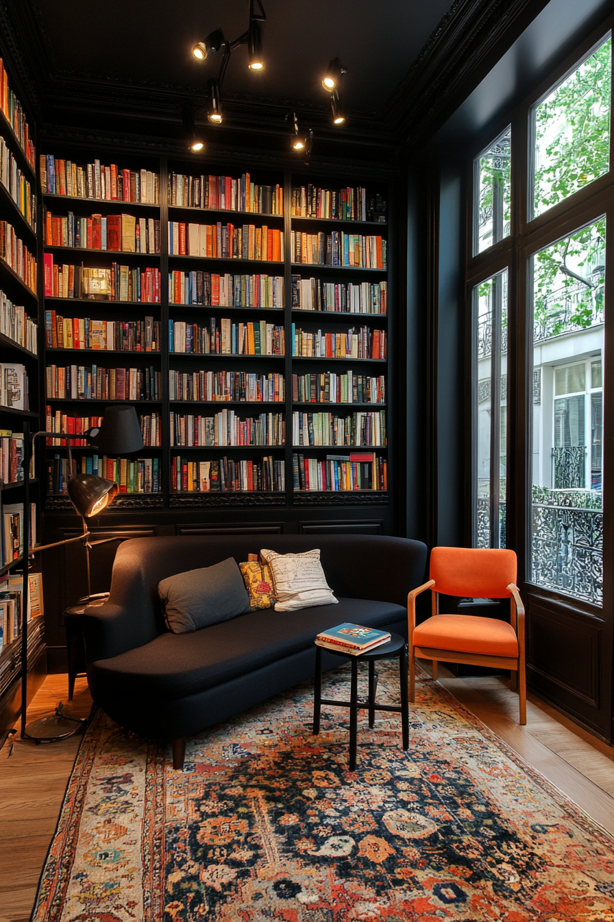 Dark bookshelf display with warm lighting