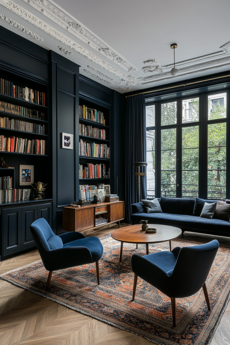 Deep blue wall with tonal furniture