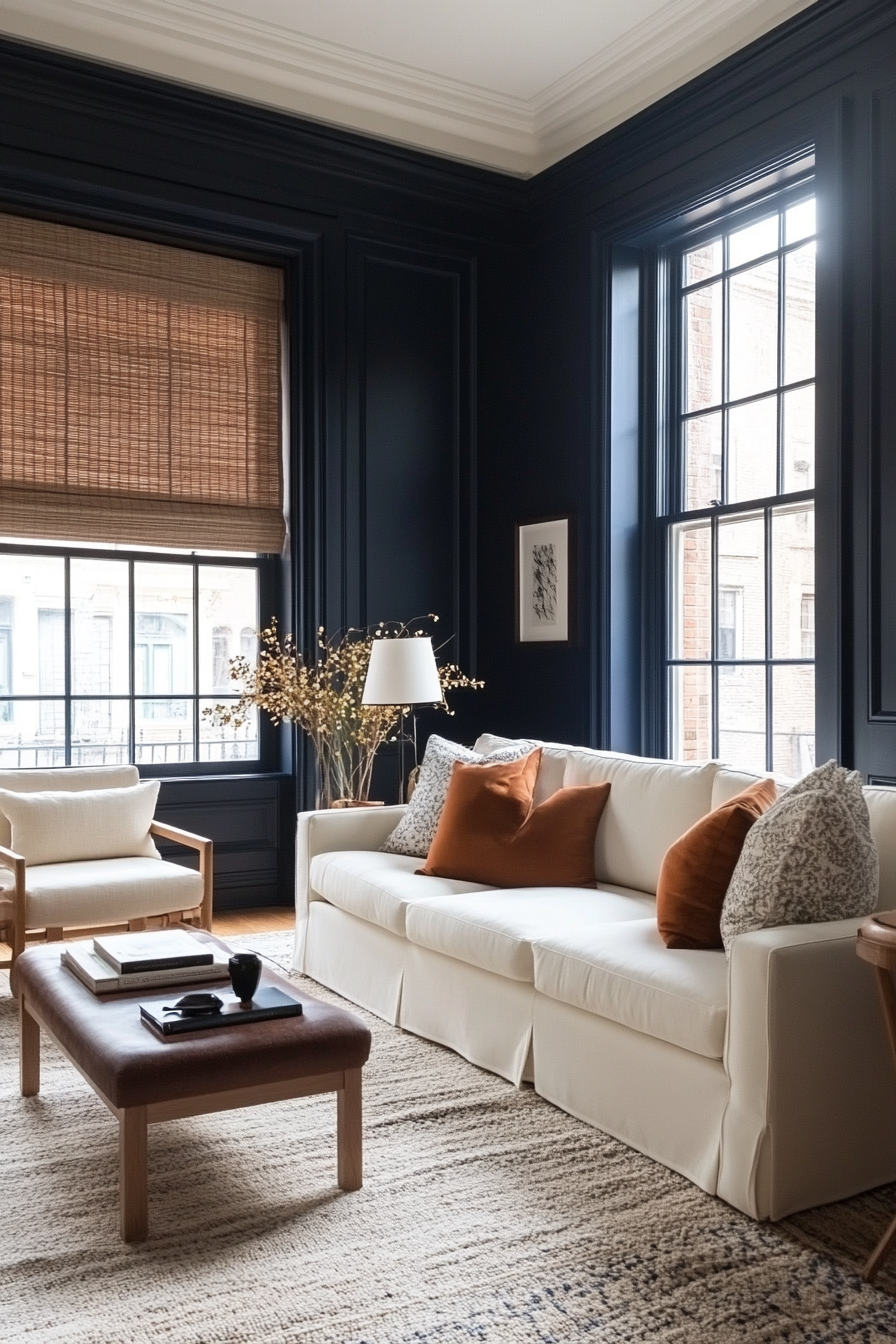 Monochromatic navy home office corner