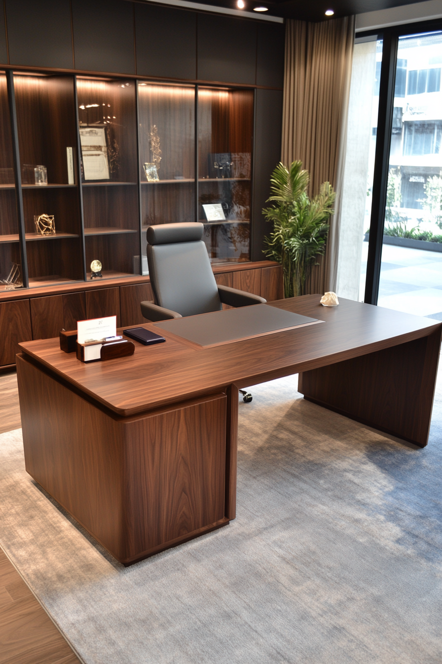 Dark wood desk with smoky glass details