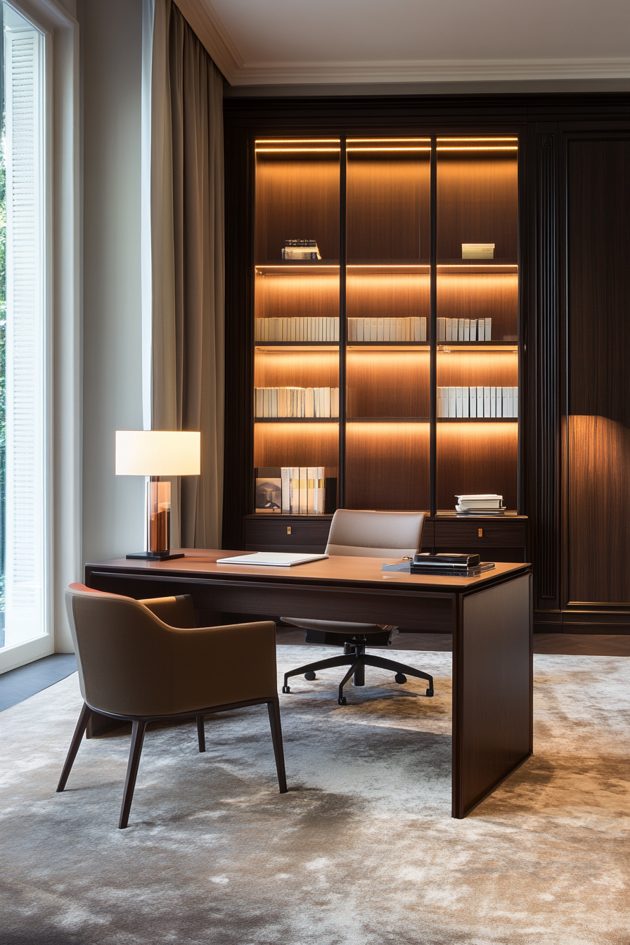 Glass-top desk in moody setting