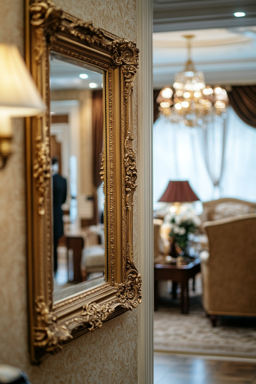 Ornate gold mirror with carved wood frame