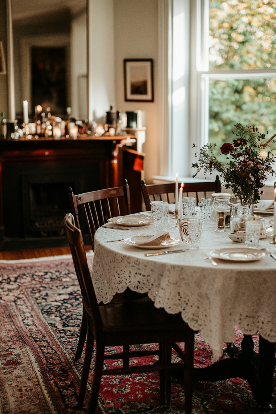 Polished table with lace-trimmed tablecloth