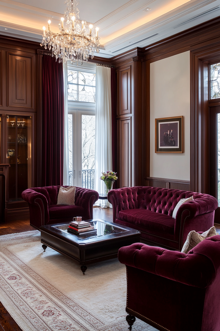 Tufted burgundy velvet sofa and armchair set