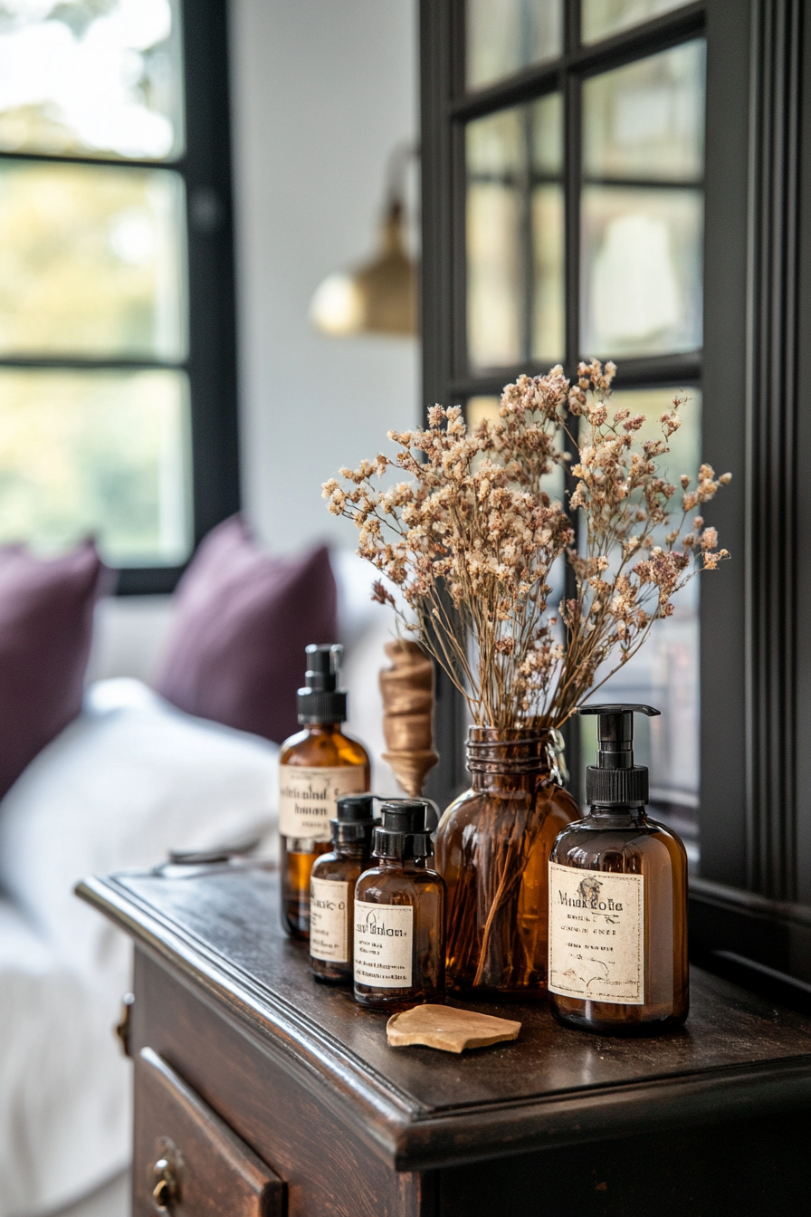 Apothecary jars filled with dried flowers