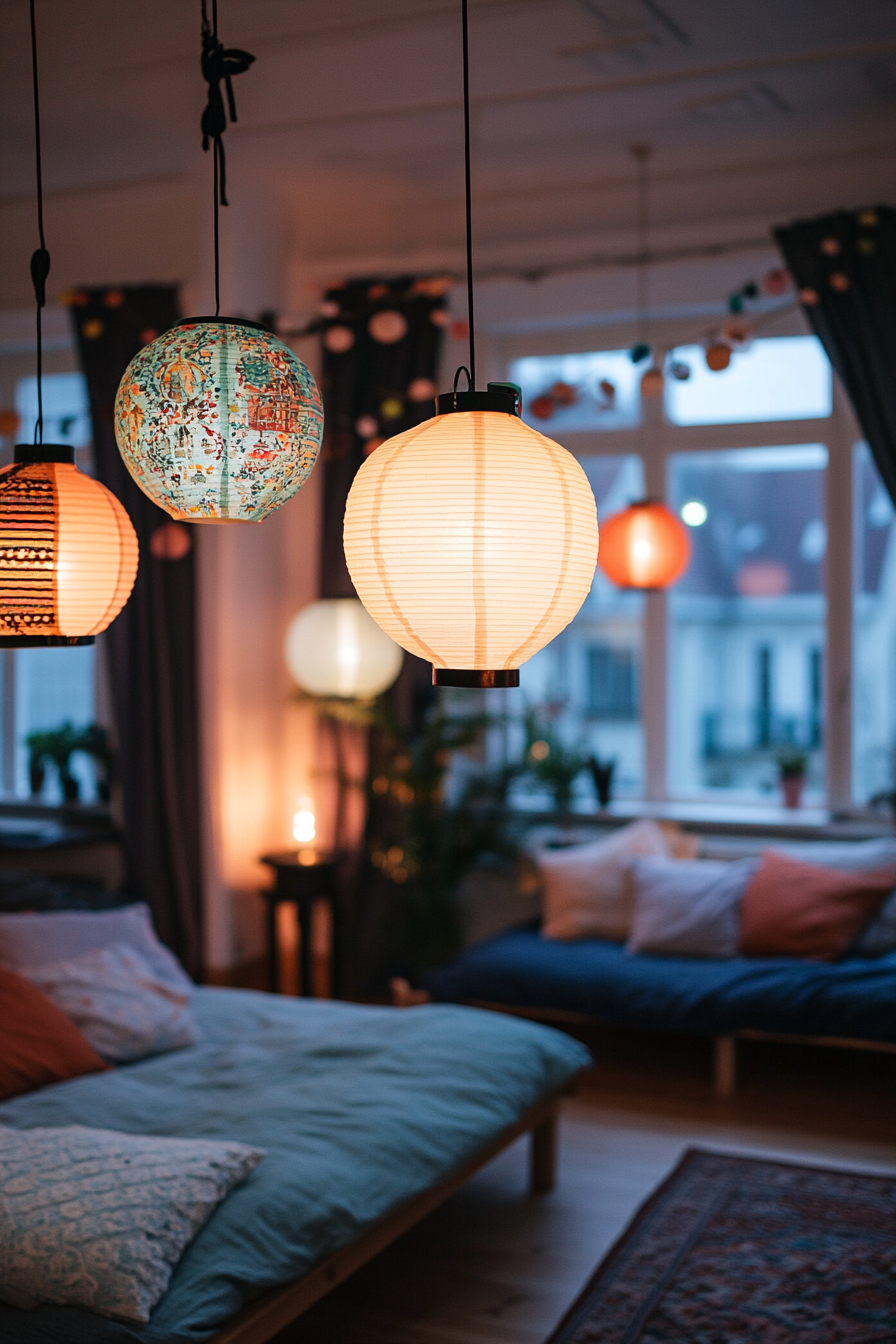 Whimsical lanterns glowing with soft hues