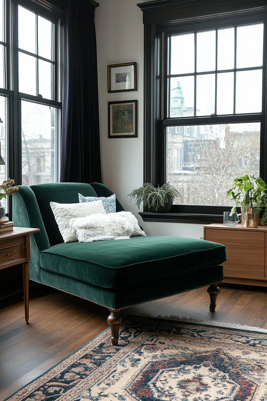 Vintage velvet chaise lounge for reading