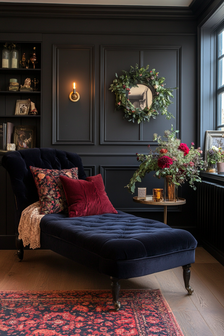 Vintage velvet chaise lounge for reading