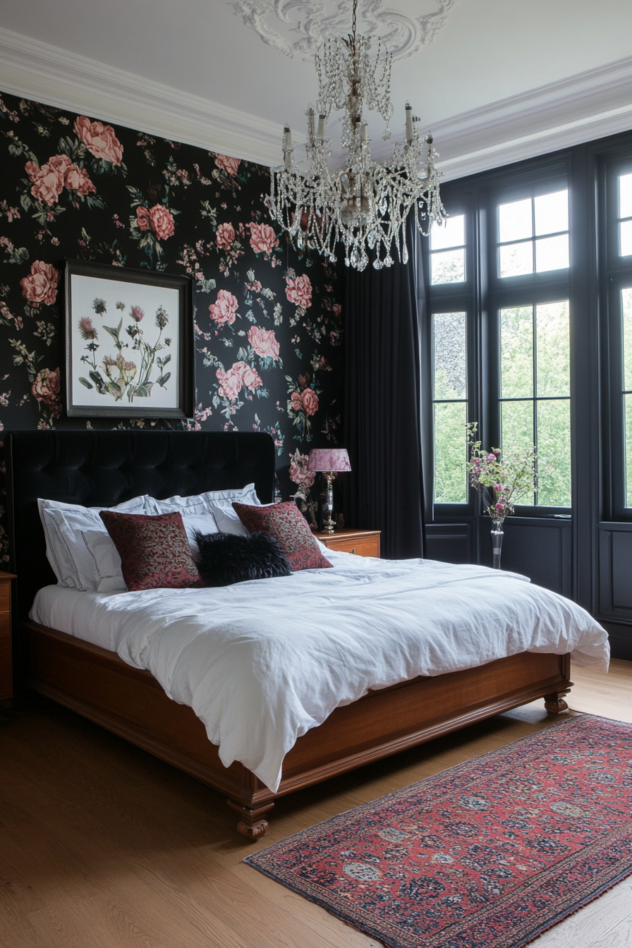 Dark floral wallpaper as accent backdrop