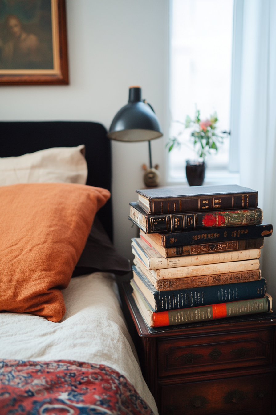 Book stacks as bohemian bedside table
