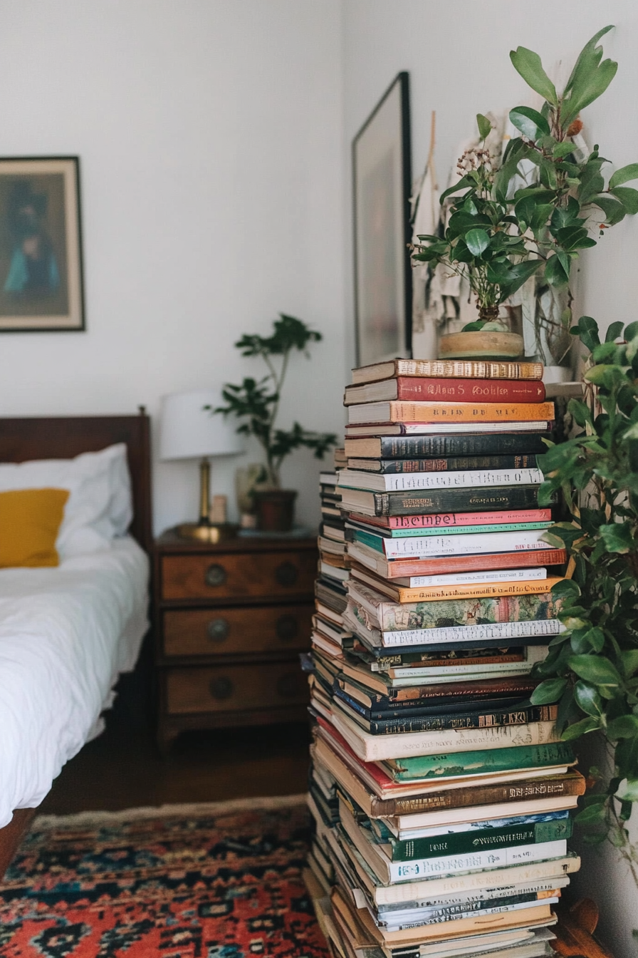 Book stacks as bohemian bedside table
