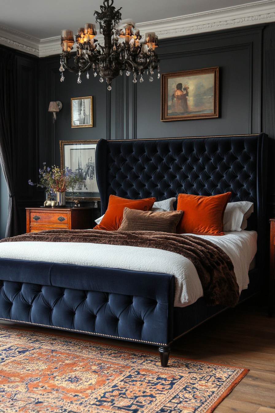 Velvet tufted headboard in deep jewel tones